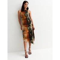 New Look Brown Mesh Tie Dye Print Hanky Hem Sleeveless Midi Dress