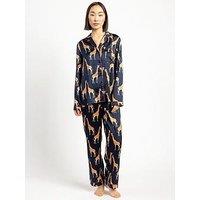 Chelsea Peers Navy Satin Giraffe Button Up Pyjama Set - Navy