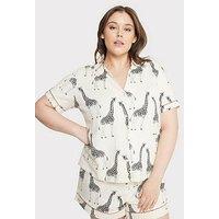Chelsea Peers Curve Cotton Giraffe Print V-Neck Button Up Short Pj Set - White