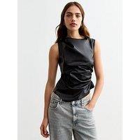 New Look Ruched Leather Sleeveless Top - Black