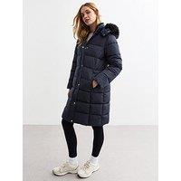 New Look Faux Fur Trim Hood Long Puffer Coat - Navy