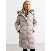 New Look Mink Faux Fur Trim Hood Long Puffer Coat