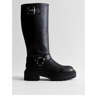 New Look Extra Wide Calf Fit Leather-Look Buckled Knee-High Biker Boots - Black