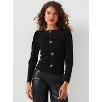 V By Very Bow Front Long Sleeve Top - Black