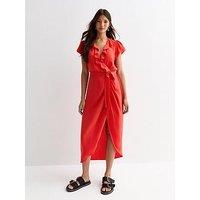 New Look Red Wrap-Front Frill-Trim Belted Midi Dress