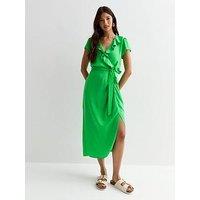 New Look Green Wrap-Front Frill-Trim Belted Midi Dress