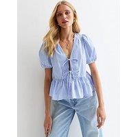 New Look Blue Tie-Front V-Neck Striped Peplum-Hem Blouse