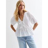 New Look White Cotton-Blend V-Neck Peplum-Hem Top