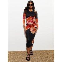 New Look Black Orchid Print Mesh Long Sleeved Midi Dress