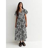 New Look Abstract Puff Sleeve Wrap Midi Dress - Print