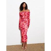 New Look Pink Abstract Print Bardot Neck Midi Dress