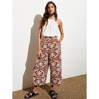 New Look Red Palm-Print Cropped Wide-Leg Trousers