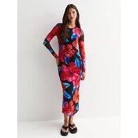 New Look Black Hibiscus Print Mesh Long Sleeved Midi Dress