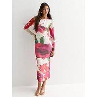 New Look Off White Fuschia Print Mesh Long Sleeved Midi Dress