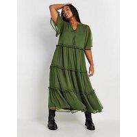 Yours Curve Chiffon Tiered Dress - Green