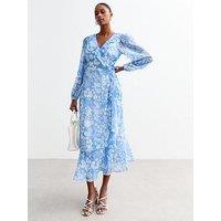 New Look Floral Wrap Chiffon Midi Dress - Blue/Print