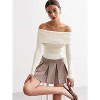 New Look Rib Knit Foldover Bardot Jumper - Cream