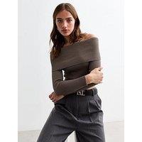 New Look Rib Knit Foldover Bardot Jumper - Brown