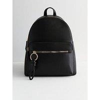 New Look Black Leather-Look Front-Pocket Backpack