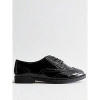 New Look Wide Fit Black Patent Leather-Look Brogues