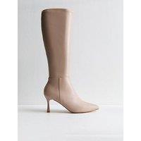 New Look Faux Leather Knee High Stiletto Boots - Beige