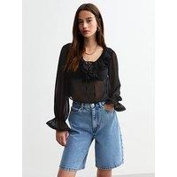 New Look Ruffle Trim Chiffon Blouse - Black