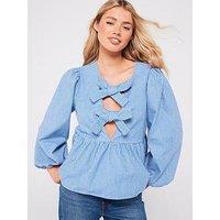 Pieces Jayla Long Sleeve Tie Top - Blue