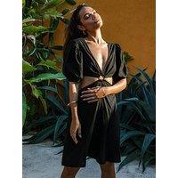 Chelsea Peers Linen-Blend Puff Sleeve Mini Dress - Black