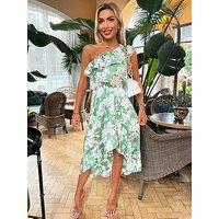 Ax Paris Floral Printed One Shoulder Frill Detail Midi Dress - Green