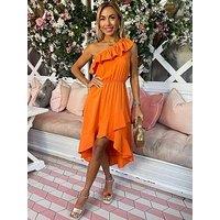 Ax Paris One Shoulder Frill Detail Dipped Hem Midi Dress - Orange