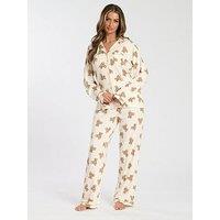 Loungeable Teddy Bear Button Shirt & Long Sleeve Pant Pj Set - Multi Cream