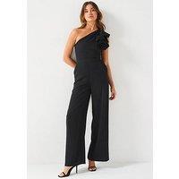 V By Very One Shoulder Ruffle Jumpsuit - Black