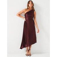 V By Very One Shoulder Pleated Satin Midi Dress - Brown