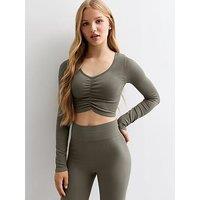 New Look 915 Girls Green Ribbed Ruched Long Sleeved Sports Top