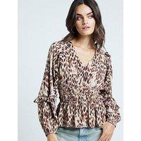 River Island Animal Print Frill Top - Dark Beige