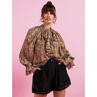 V By Very Snake Printed Volume Sleeve Sheer Blouse - Brown