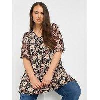 Yours Curve Pleat Front Mesh Sleeve Top - Black