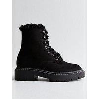 New Look Wide Fit Faux Fur Lace Up Ankle Boots - Black