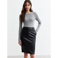 New Look Black Knee Length Leather-Look Skirt