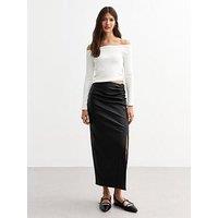 New Look Black Ruched Leather-Look Midi Skirt