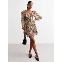 New Look Brown Animal Ruffled Mini Dress - Print