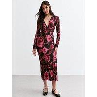 New Look Red Floral Long Sleeve Midi Dress