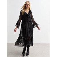 New Look Ruffle Long Sleeve Midi Dress - Black