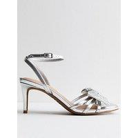 New Look Wide Fit Leather-Look Embellished Bow Midi Stiletto Heels - Silver