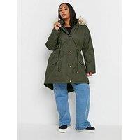 Yours Curve Fur Trim Parka - Green