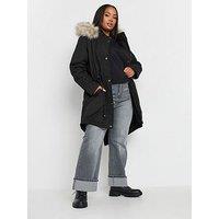 Yours Curve Fur Trim Parka - Black
