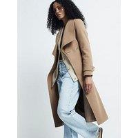 River Island Faux Wool Wrap Coat - Light Brown
