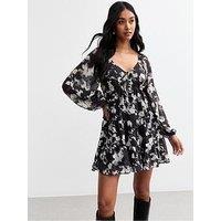 New Look Blur Floral Print Chiffon Smock Mini Dress - Black
