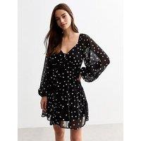 New Look Polka Dot Chiffon Mini Smock Dress - Black
