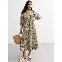 New Look Green Tile Pattern Wrap Front Midi Dress - Print